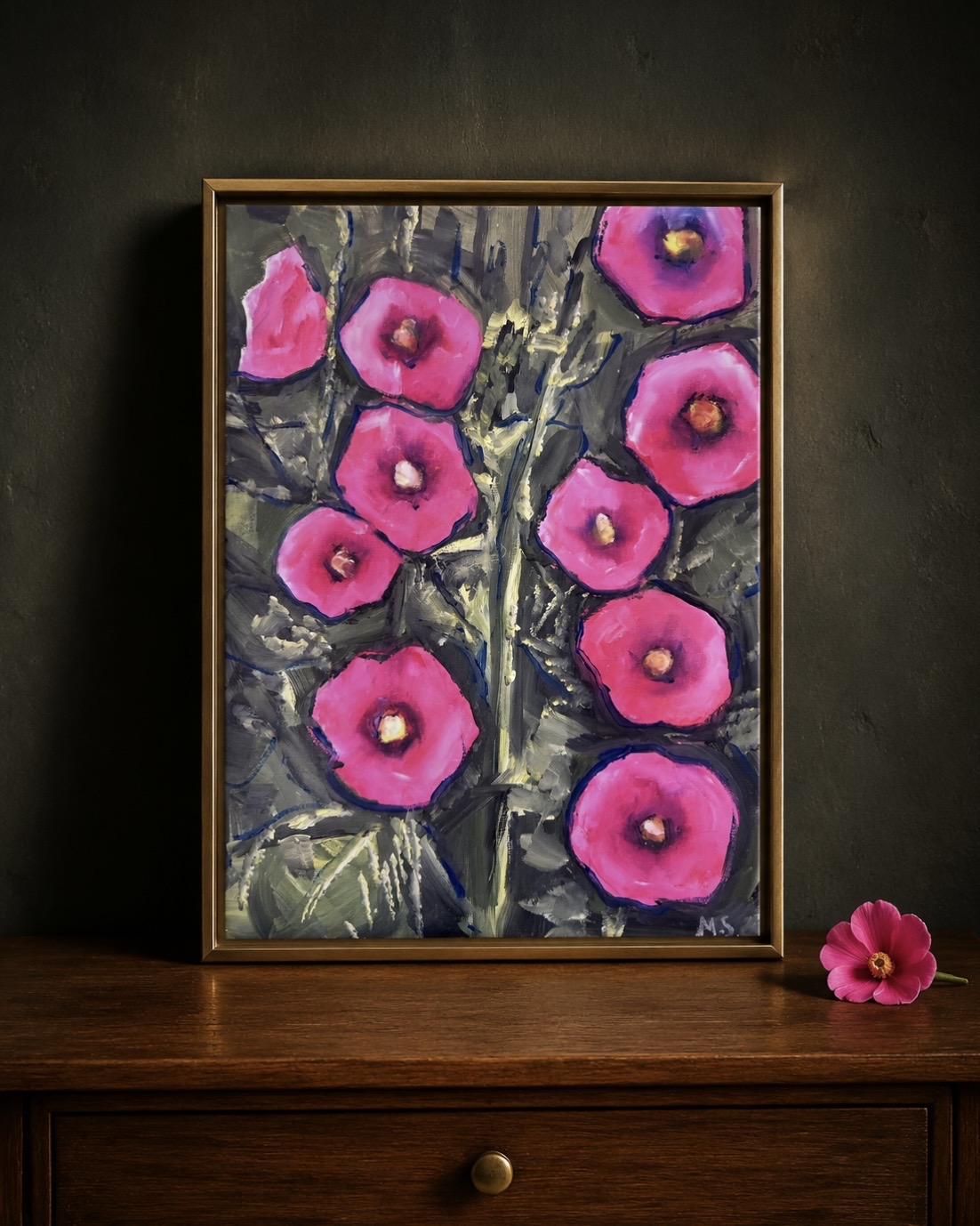 Bright Hollyhocks original painting by Marina Stognieva, Ukrainian flowers, Zhytomyr region, Picturesque Guide to Ukraine